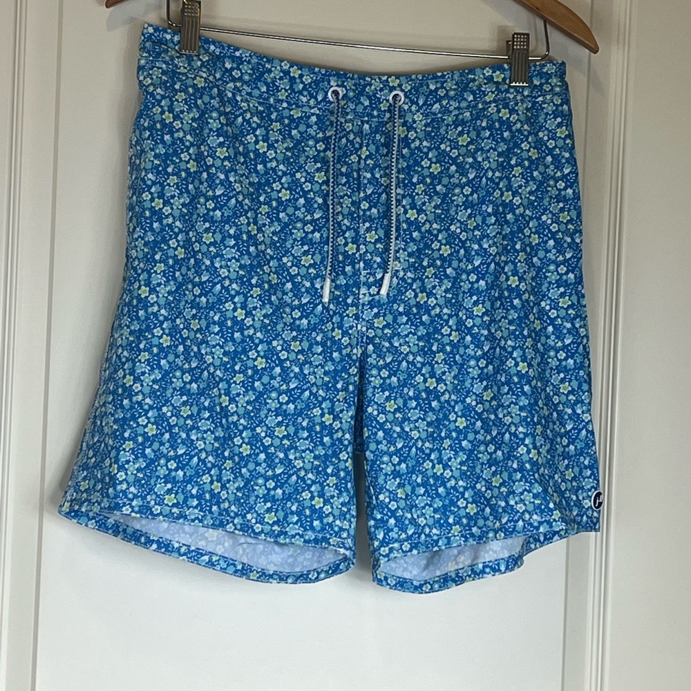 johnnie-O Blue Swim Trunks with Floral Pattern